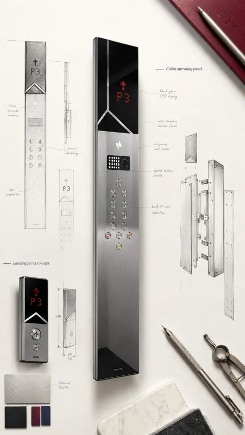 PANTA design sheet: cabin operating panel in satin stainless and black glass, landing panel concept, exploded assembly drawing and material palette