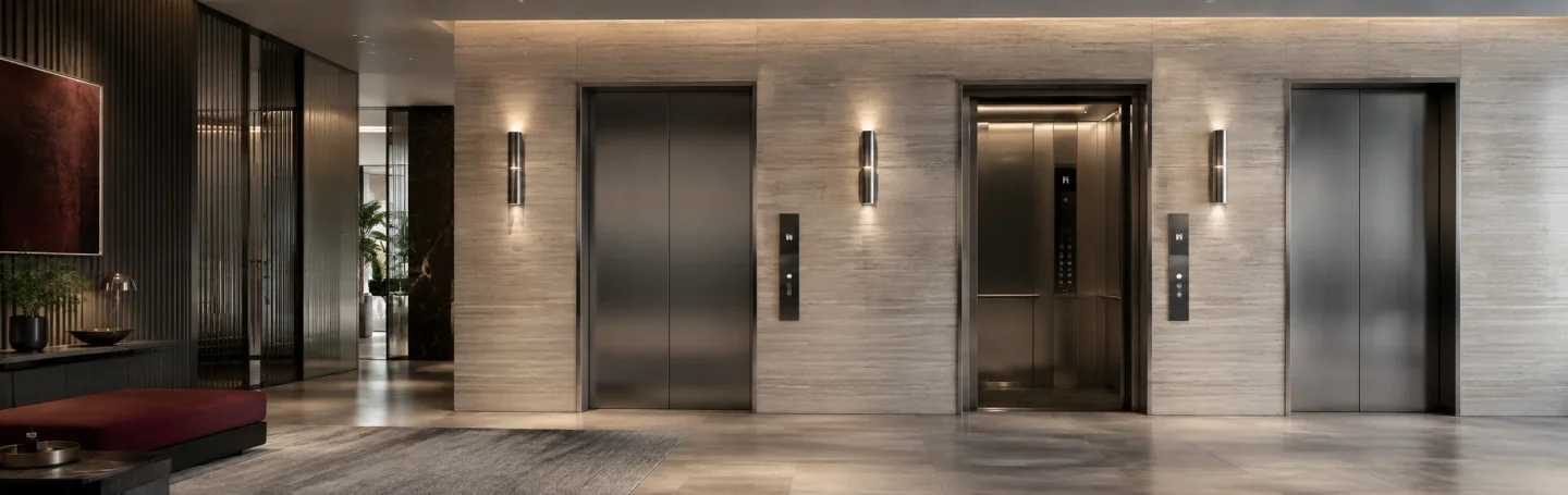 Elevator lobby in travertine and bronze with PANTA landing panels beside three car entrances